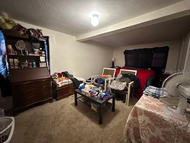 interior space with beam ceiling, carpet floors, and a textured ceiling