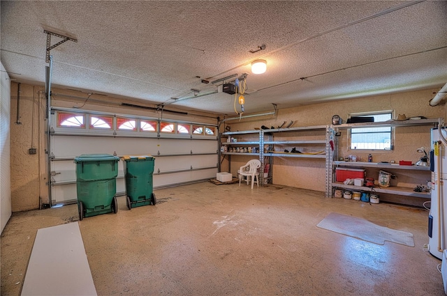 garage with water heater and a garage door opener