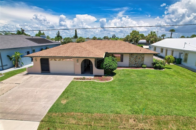 ranch-style home with a front yard and a garage