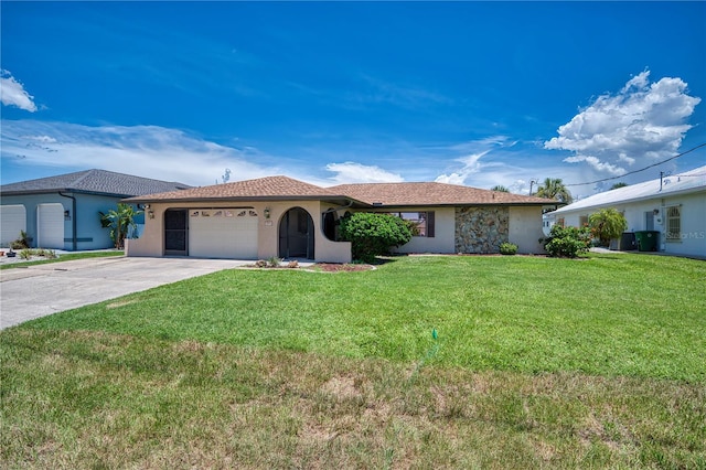 view of front of house featuring a garage and a front lawn