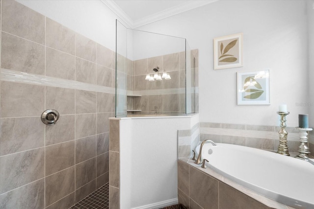 bathroom featuring crown molding and separate shower and tub