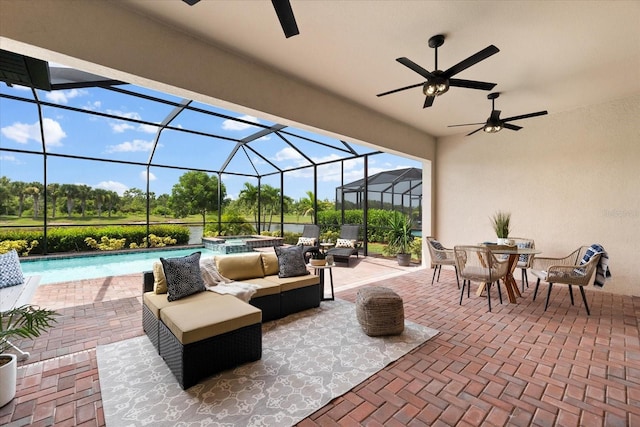 view of patio / terrace featuring a lanai and an outdoor hangout area