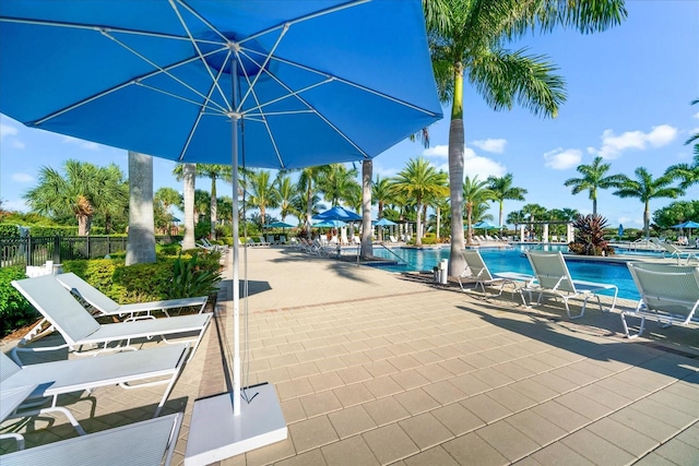 view of swimming pool featuring a patio