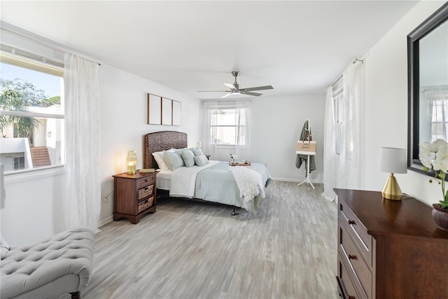 bedroom featuring ceiling fan and light hardwood / wood-style floors