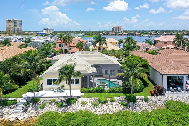 bird's eye view with a water view