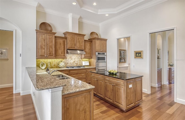 kitchen featuring kitchen peninsula, light stone countertops, sink, and ornamental molding