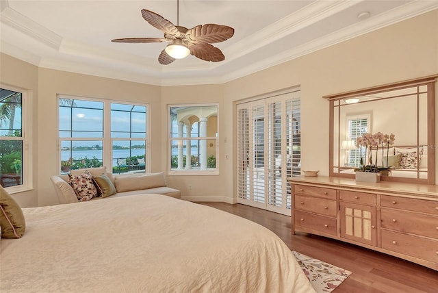 bedroom featuring access to exterior, a tray ceiling, ceiling fan, dark wood-type flooring, and multiple windows