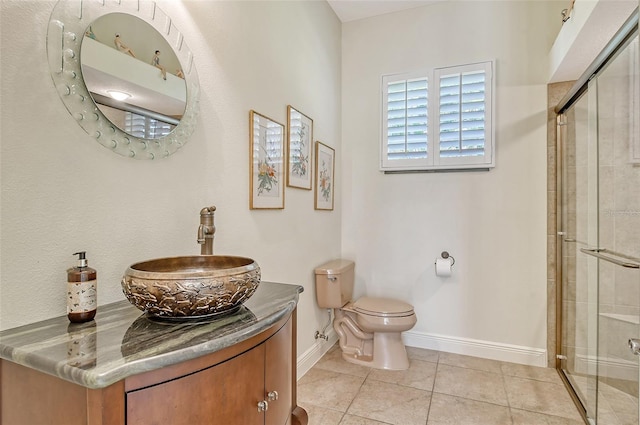 bathroom featuring walk in shower, tile patterned flooring, vanity, and toilet