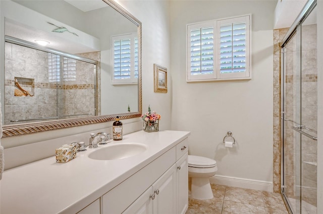 bathroom with tile patterned flooring, vanity, toilet, and a shower with door