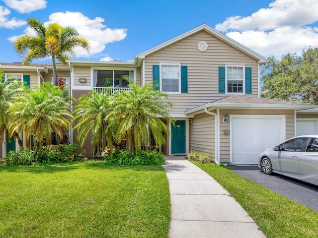 view of front of property with a front lawn and a garage