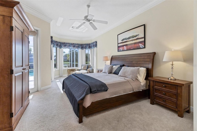 bedroom with a ceiling fan, access to outside, light colored carpet, and crown molding