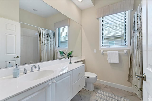 full bath featuring baseboards, vanity, toilet, and tile patterned floors