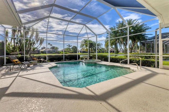 view of swimming pool with glass enclosure, a patio area, and a pool with connected hot tub