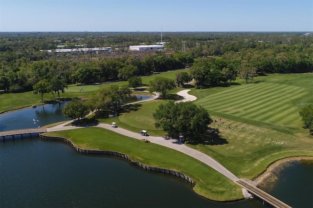 bird's eye view with golf course view and a water view