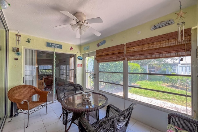 sunroom / solarium featuring ceiling fan