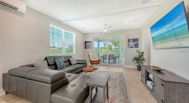 living room featuring a wall mounted air conditioner, ceiling fan, light wood-type flooring, and wood ceiling