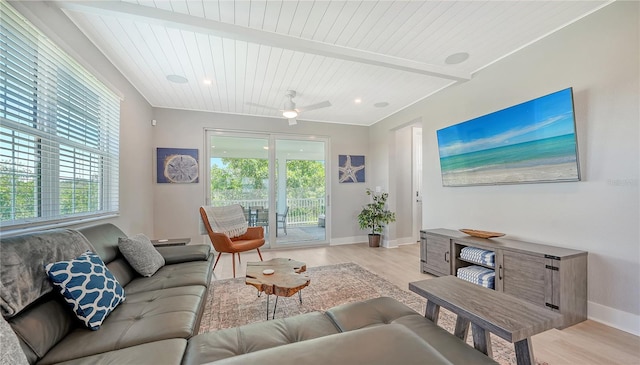 living room featuring light wood-type flooring, ceiling fan, a healthy amount of sunlight, and wooden ceiling