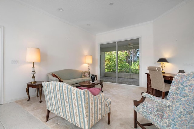 living room featuring crown molding, light tile patterned floors, and ceiling fan