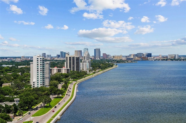 aerial view featuring a water view