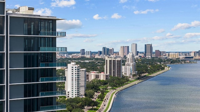 property's view of city featuring a water view