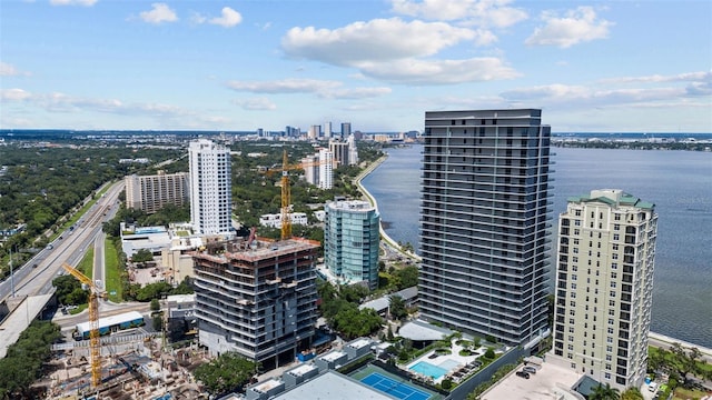 bird's eye view with a water view