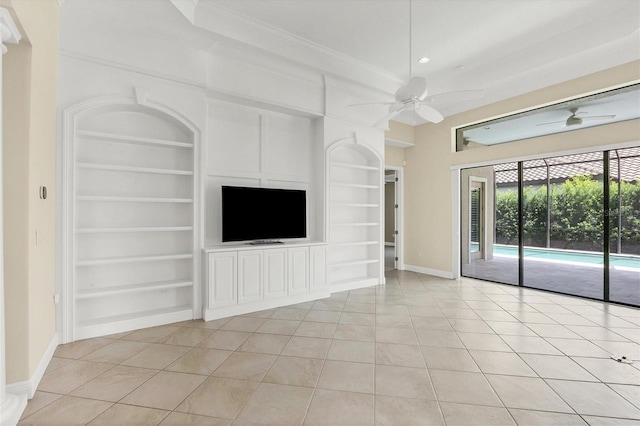 unfurnished living room with ornamental molding, light tile patterned floors, built in features, and ceiling fan