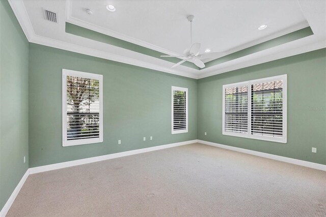 unfurnished room featuring a wealth of natural light, ceiling fan, and a tray ceiling