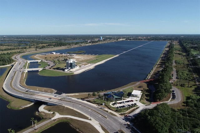 drone / aerial view with a water view