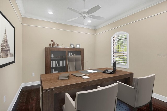 office space with ornamental molding, dark hardwood / wood-style floors, and ceiling fan