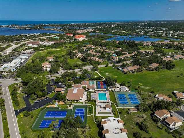 aerial view featuring a water view