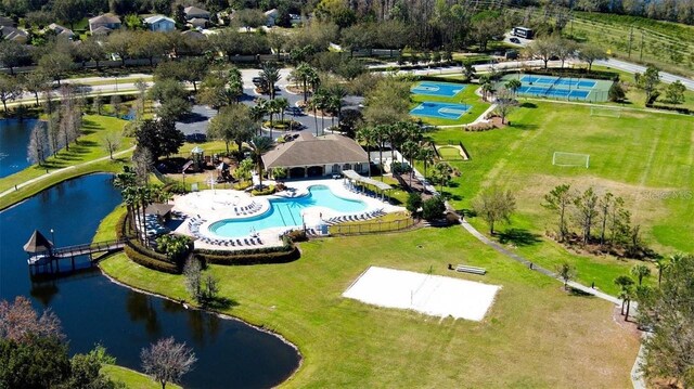 drone / aerial view featuring a water view