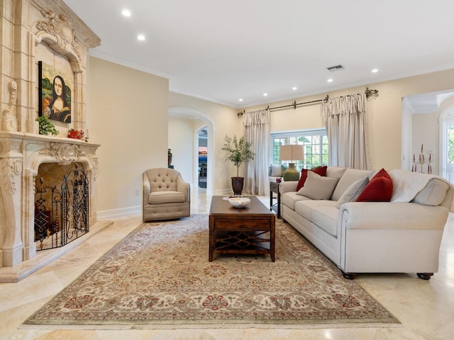 living room with crown molding