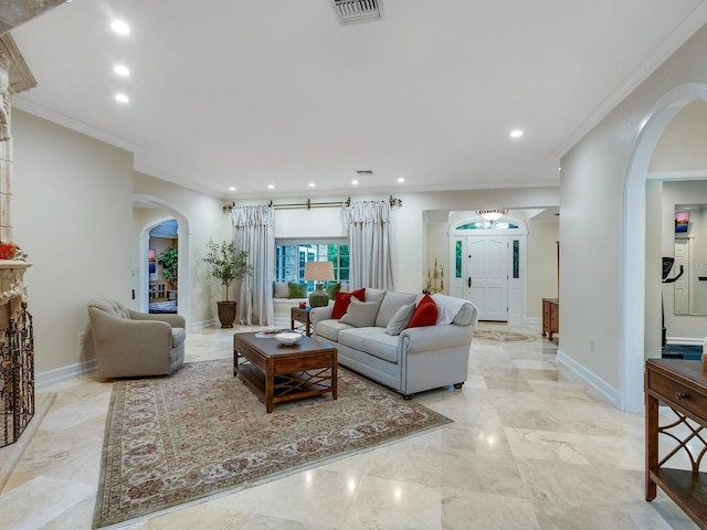 living room featuring ornamental molding