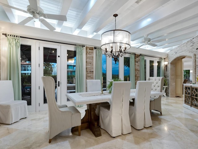 dining space featuring beam ceiling and ceiling fan with notable chandelier