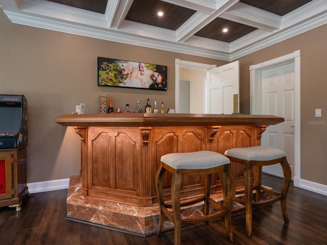 bar with beam ceiling, dark hardwood / wood-style flooring, crown molding, and coffered ceiling