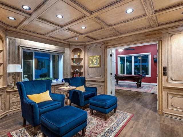 living area featuring beam ceiling, billiards, dark wood-type flooring, and coffered ceiling