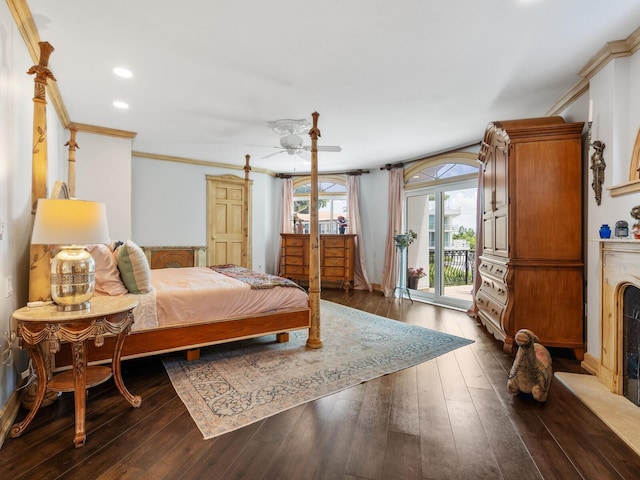 bedroom featuring ceiling fan, dark hardwood / wood-style flooring, ornamental molding, and access to outside