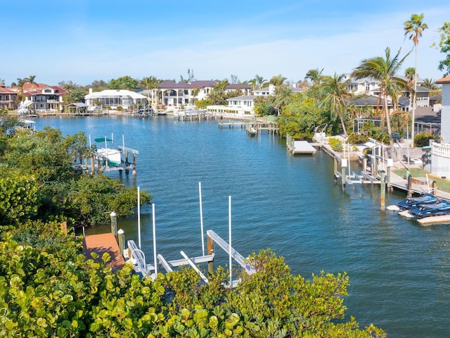 view of water feature with a dock