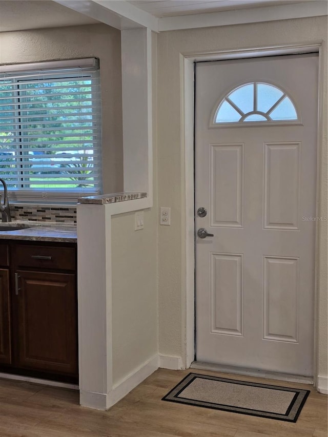 entrance foyer with sink and light wood-type flooring