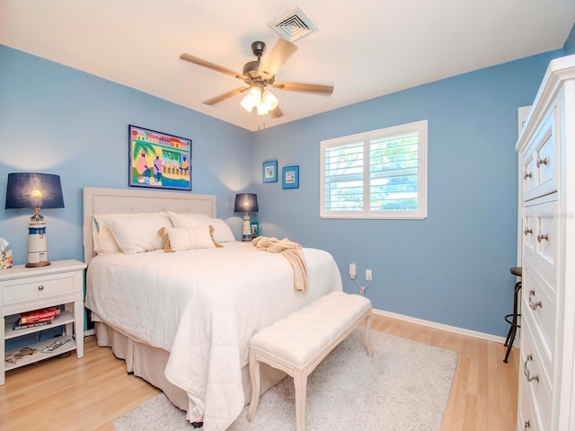 bedroom with ceiling fan and light hardwood / wood-style floors