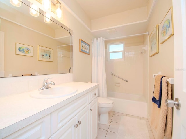 full bathroom with shower / bath combo, tile patterned floors, vanity, and toilet