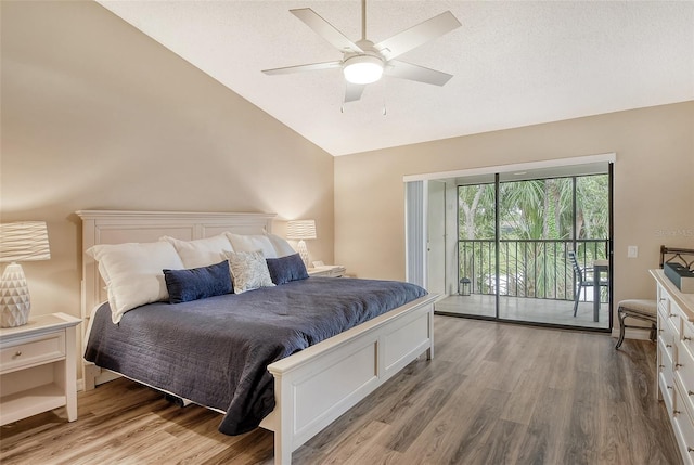 bedroom with access to outside, light wood-type flooring, and ceiling fan