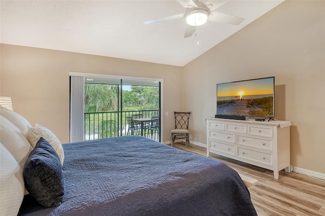 bedroom featuring high vaulted ceiling, light wood-type flooring, ceiling fan, and access to exterior