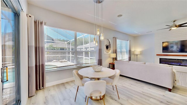 dining space featuring ceiling fan and light hardwood / wood-style floors