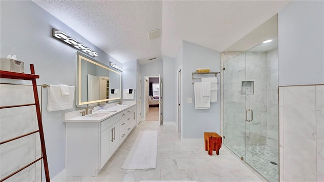 bathroom featuring lofted ceiling, an enclosed shower, vanity, and a textured ceiling