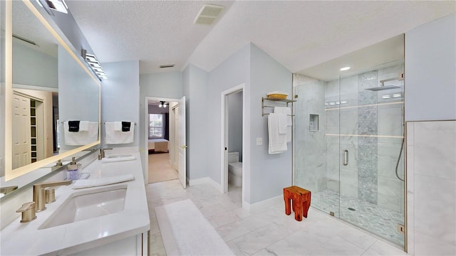 bathroom with walk in shower, vanity, a textured ceiling, and toilet