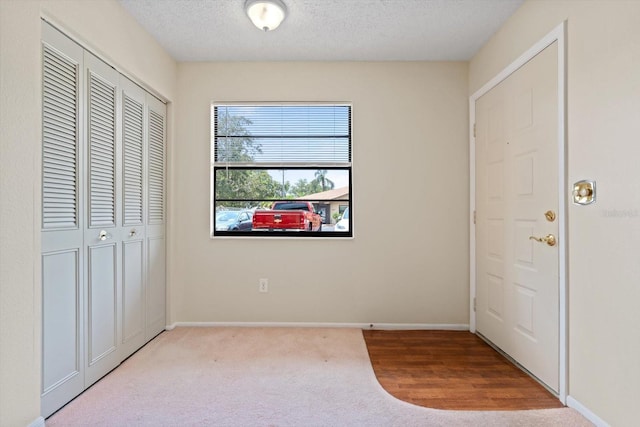 carpeted entrance foyer featuring a textured ceiling