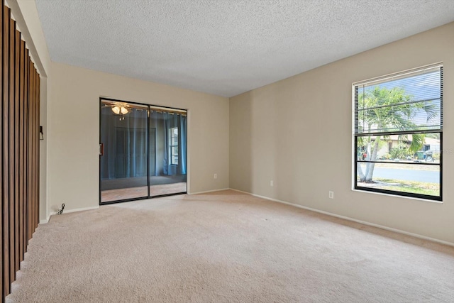 unfurnished room with a textured ceiling, a wealth of natural light, and light colored carpet