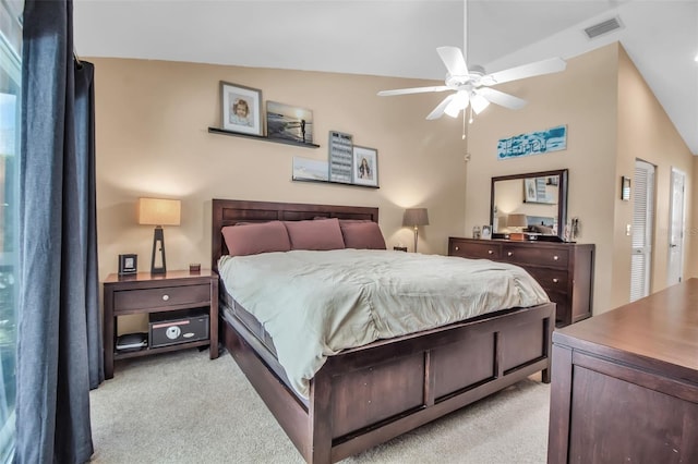 bedroom featuring light carpet and ceiling fan