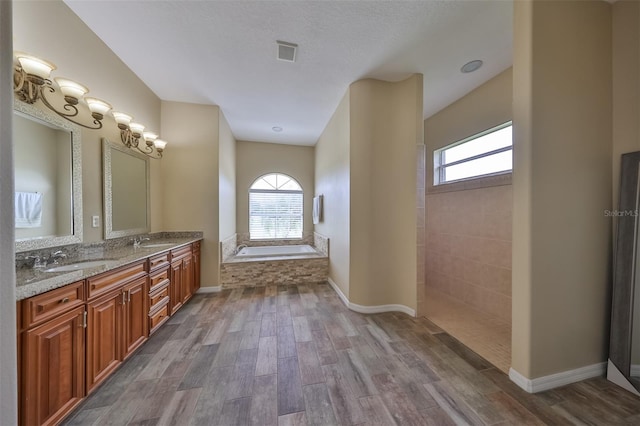 bathroom featuring hardwood / wood-style floors, vanity, a healthy amount of sunlight, and a bath